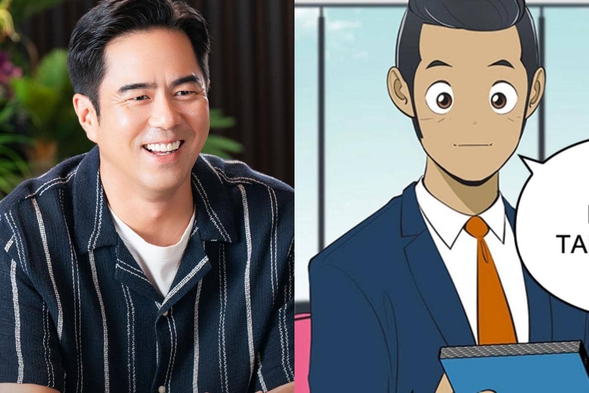 Perbandingan karakter Yumi's Cells 3 antara versi drama yang menampilkan aktor pria tersenyum dan versi webtoon bergaya animasi mengenakan jas biru.