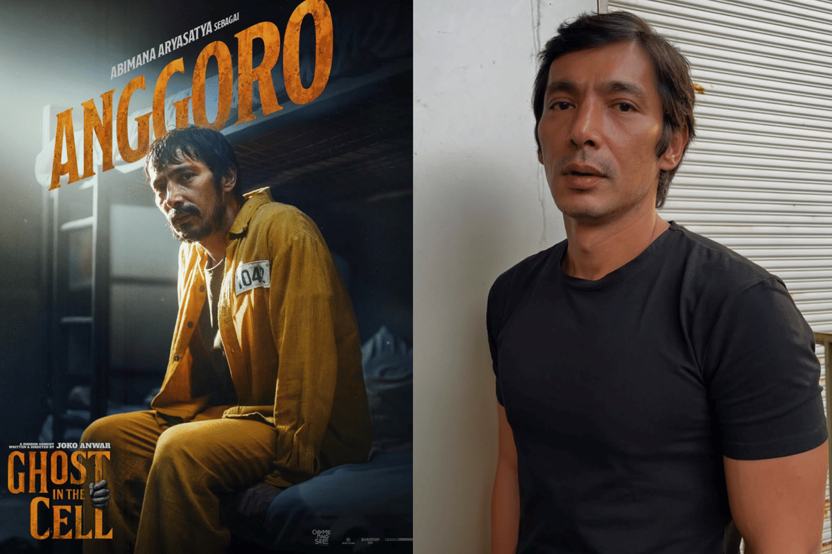 Perbandingan penampilan seorang aktor dalam karakter narapidana di film Ghost in the Cell mengenakan baju tahanan oranye dan di kehidupan nyata dengan kaus hitam.