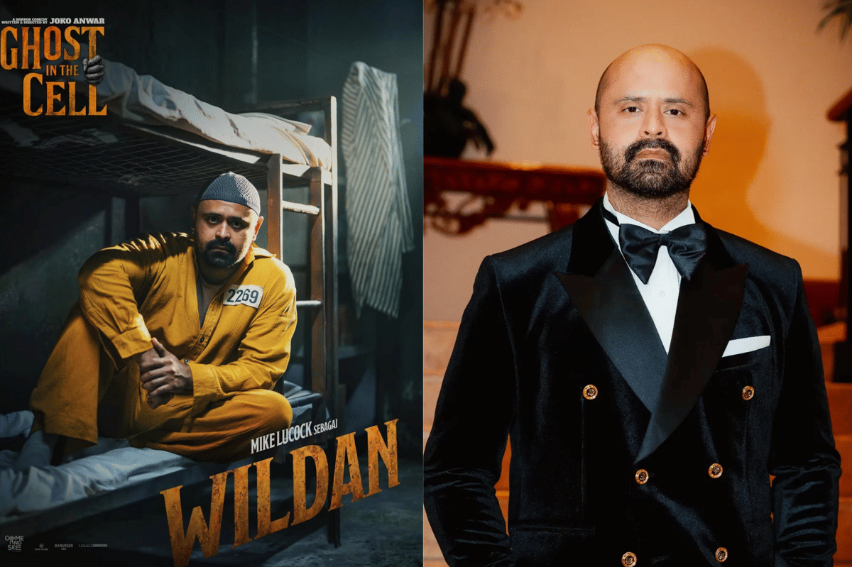 Perbandingan penampilan seorang aktor sebagai narapidana dalam film Ghost in the Cell mengenakan seragam oranye dan di kehidupan nyata memakai setelan jas hitam elegan.