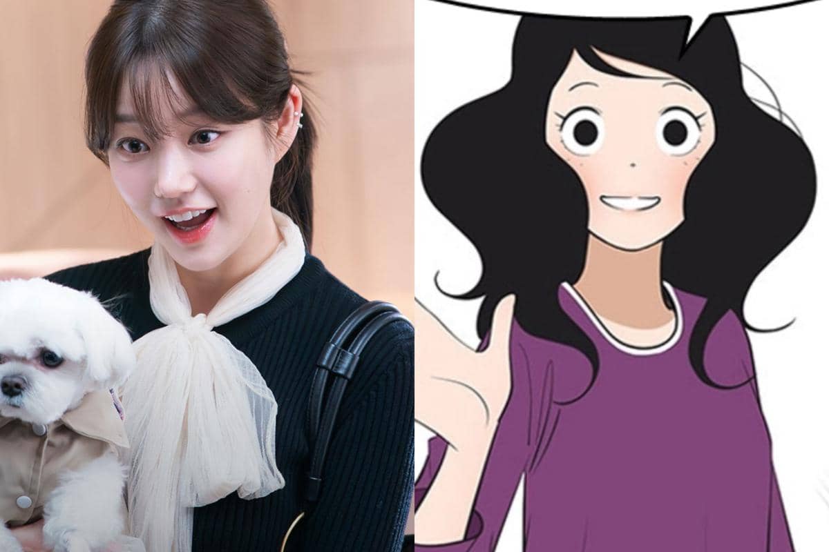 Perbandingan karakter Yumi dalam versi drama dan versi webtoon Yumi's Cells 3, menampilkan aktris dengan anjing kecil dan ilustrasi karakter kartun.