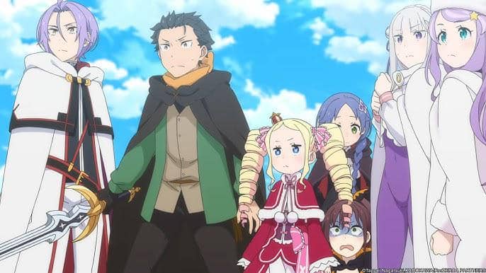 Para karakter utama anime Re:ZERO -Starting Life in Another World Season 4 berdiri bersama dengan ekspresi serius di bawah langit cerah.