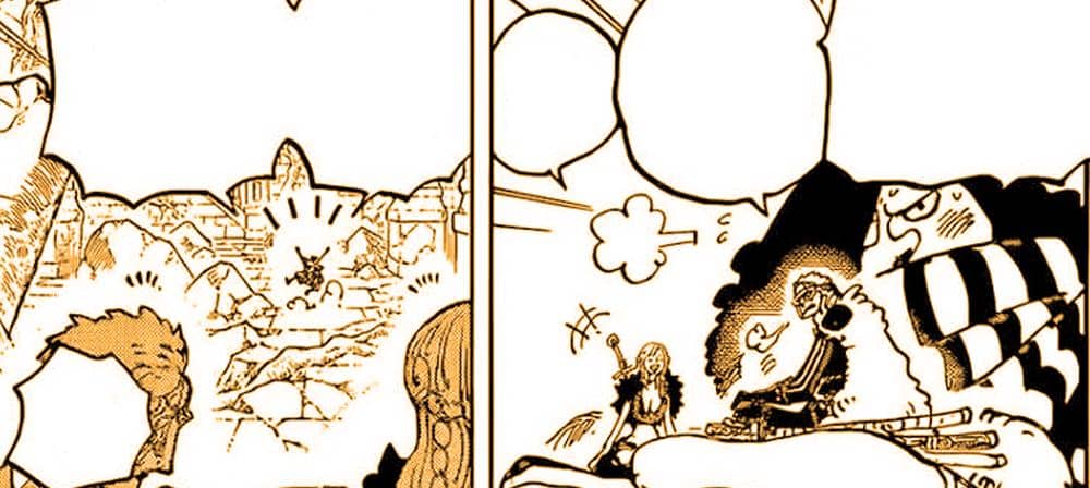 Panel manga One Piece menampilkan beberapa karakter sedang berbicara di area berbatu dengan latar belakang reruntuhan dan pegunungan.