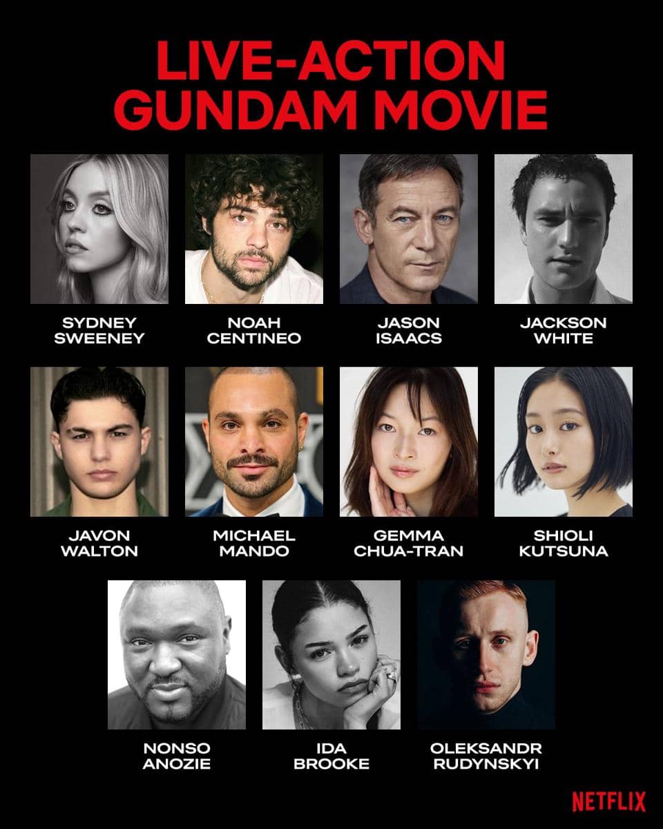Kolase foto para pemeran film live-action Gundam produksi Netflix dengan latar hitam dan teks merah di bagian atas.