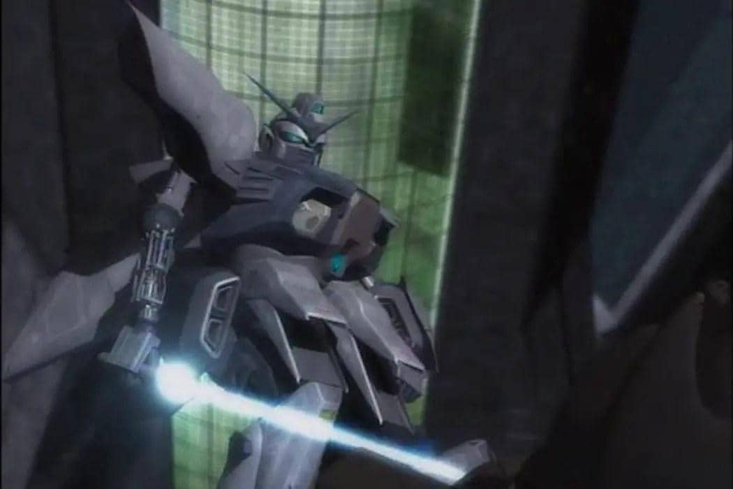 Robot mecha berwarna abu-abu dengan pedang energi biru sedang bertarung di dalam lingkungan futuristik dari film G-Saviour.
