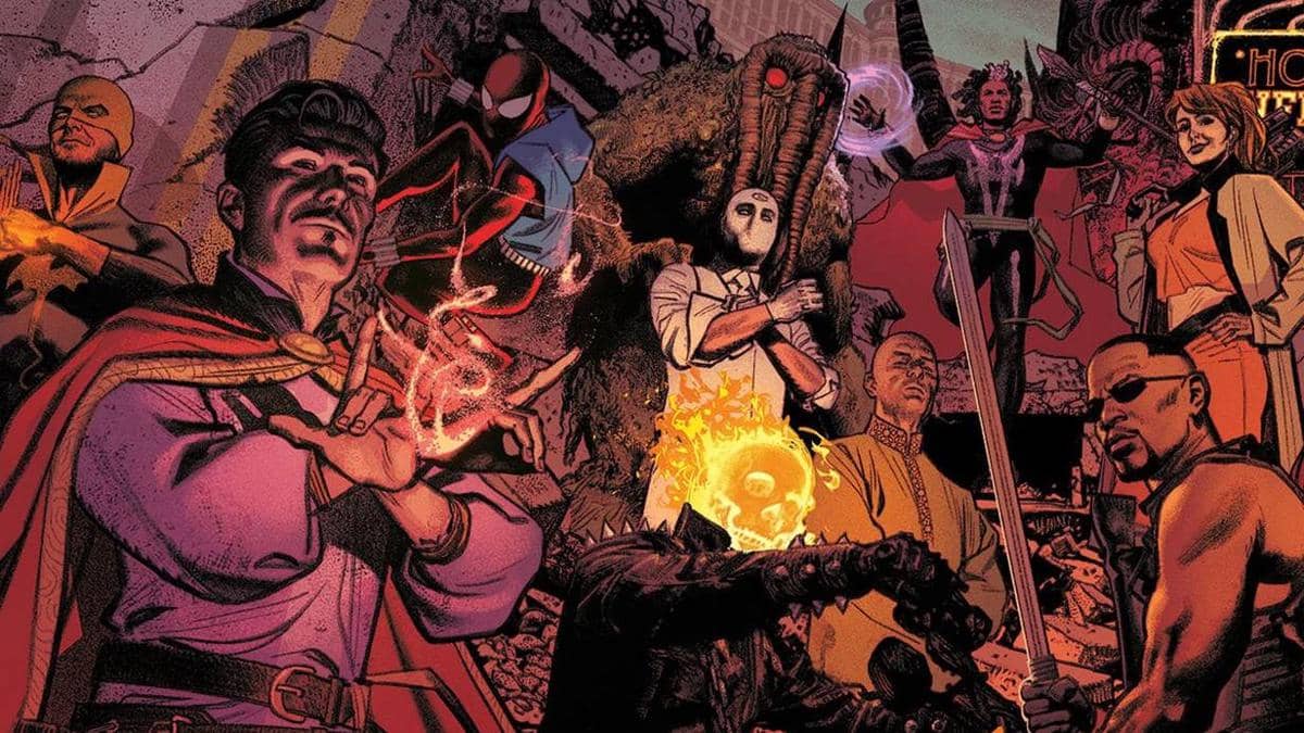 Ilustrasi tim pahlawan supernatural Marvel Comics Midnight Sons dengan latar suasana gelap dan penuh energi mistik.