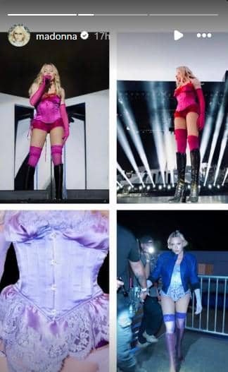 mengenakan kostum panggung berwarna ungu dan merah muda dengan sepatu bot tinggi saat tampil di panggung besar dan berjalan di area belakang panggung.