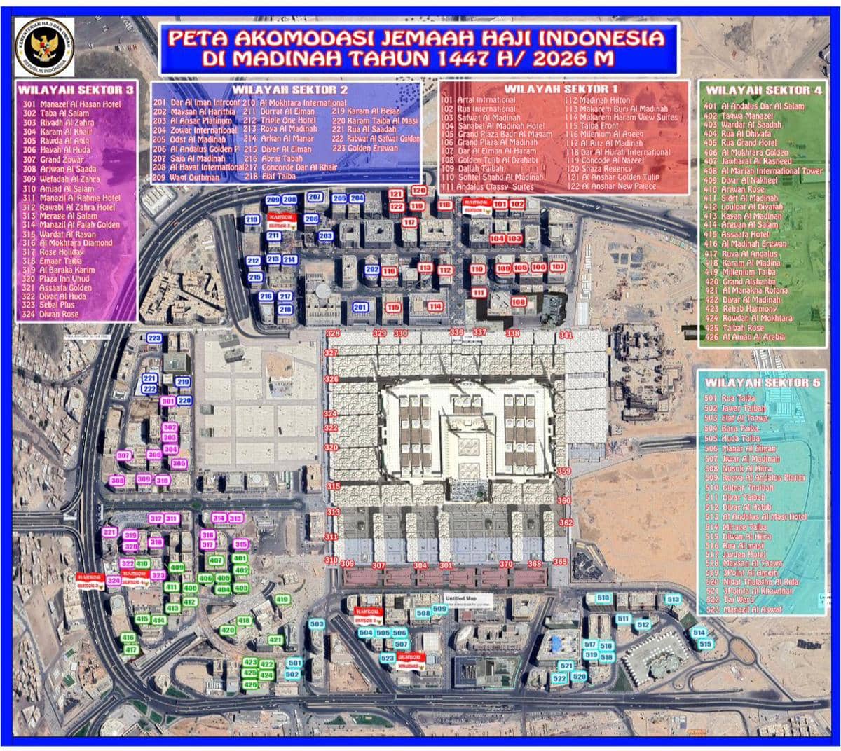 Peta sebaran akomodasi jemaah haji Indonesia di Madinah tahun 2026 dengan pembagian wilayah sektor berwarna dan lokasi hotel di sekitar Masjid Nabawi.