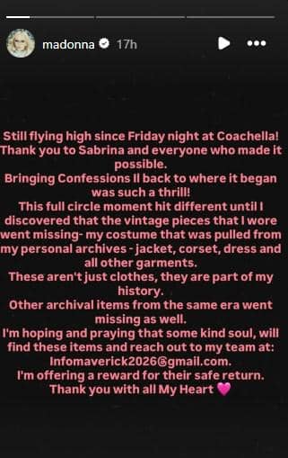 Unggahan Instagram Madonna berisi curhatan tentang kehilangan kostum vintage setelah tampil di festival musik Coachella 2026.