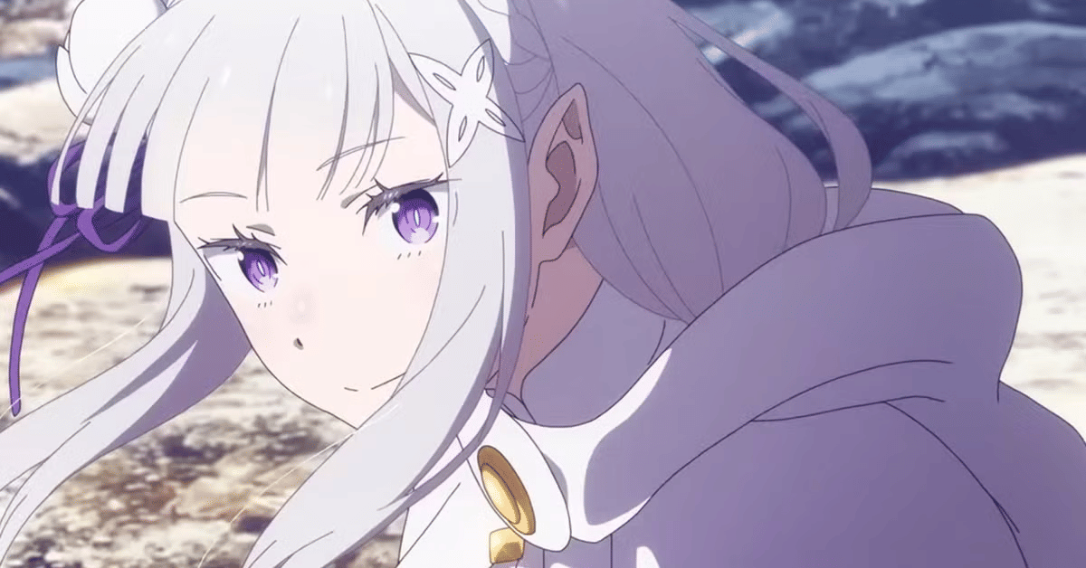 Karakter perempuan berambut perak dengan mata ungu dari anime Re:ZERO -Starting Life in Another World Season 4 mengenakan jubah putih.