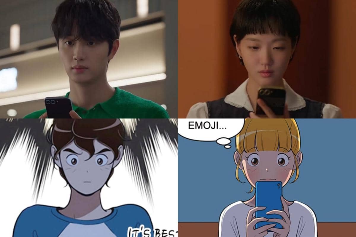 Perbandingan karakter Yumi dan lawan mainnya di drama Yumi's Cells 3 dengan versi webtoon, masing-masing memegang ponsel dan menatap layar.
