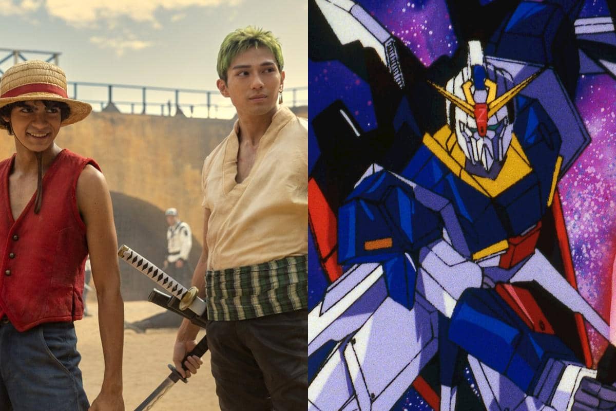 Luffy dan Zoro dari serial live action One Piece berdiri di lokasi terbuka berdampingan dengan gambar robot Mobile Suit Zeta Gundam.