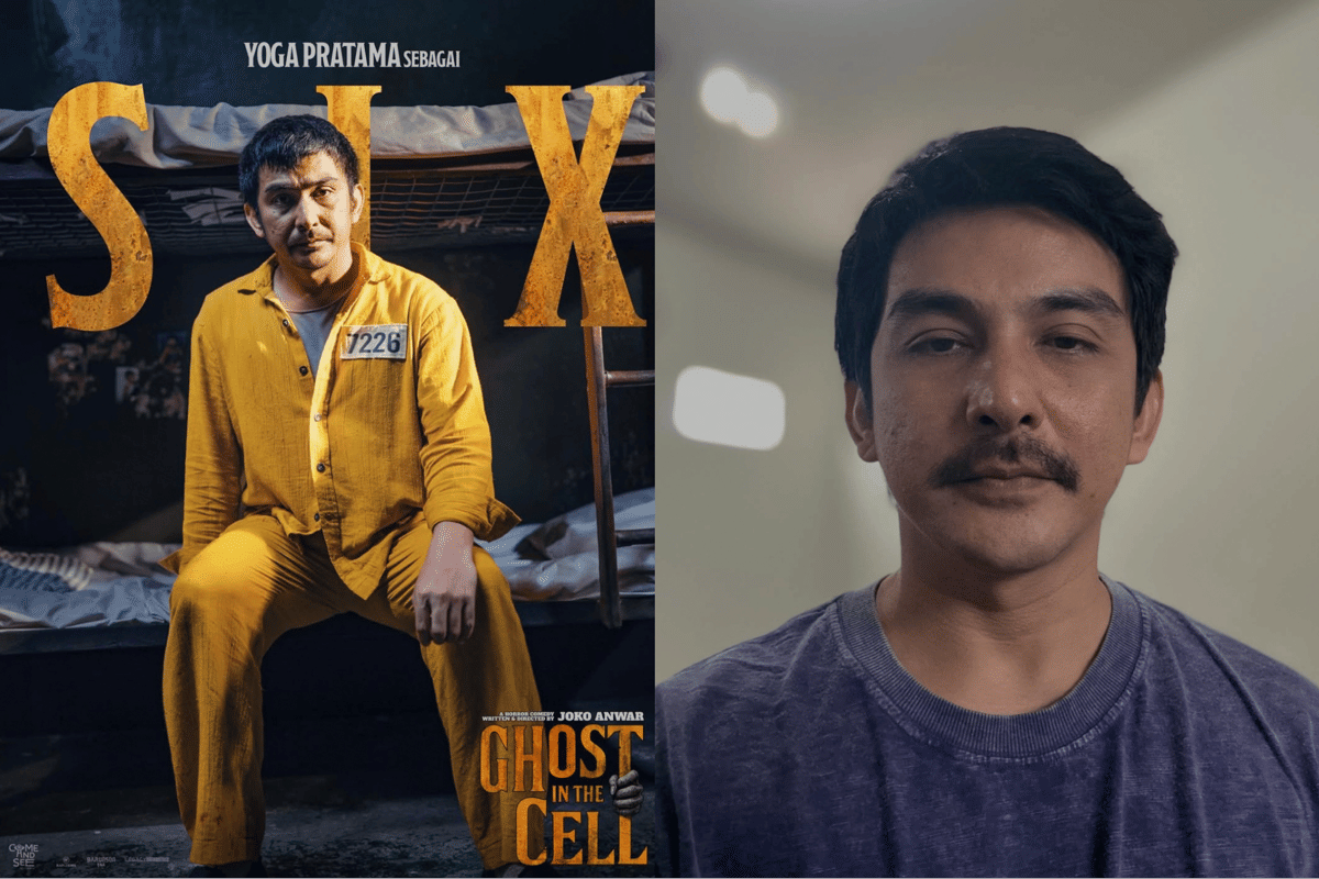 Perbandingan penampilan seorang aktor saat memerankan narapidana dalam film Ghost in the Cell mengenakan baju tahanan kuning dan saat tampil di kehidupan nyata mengenakan kaus ungu.