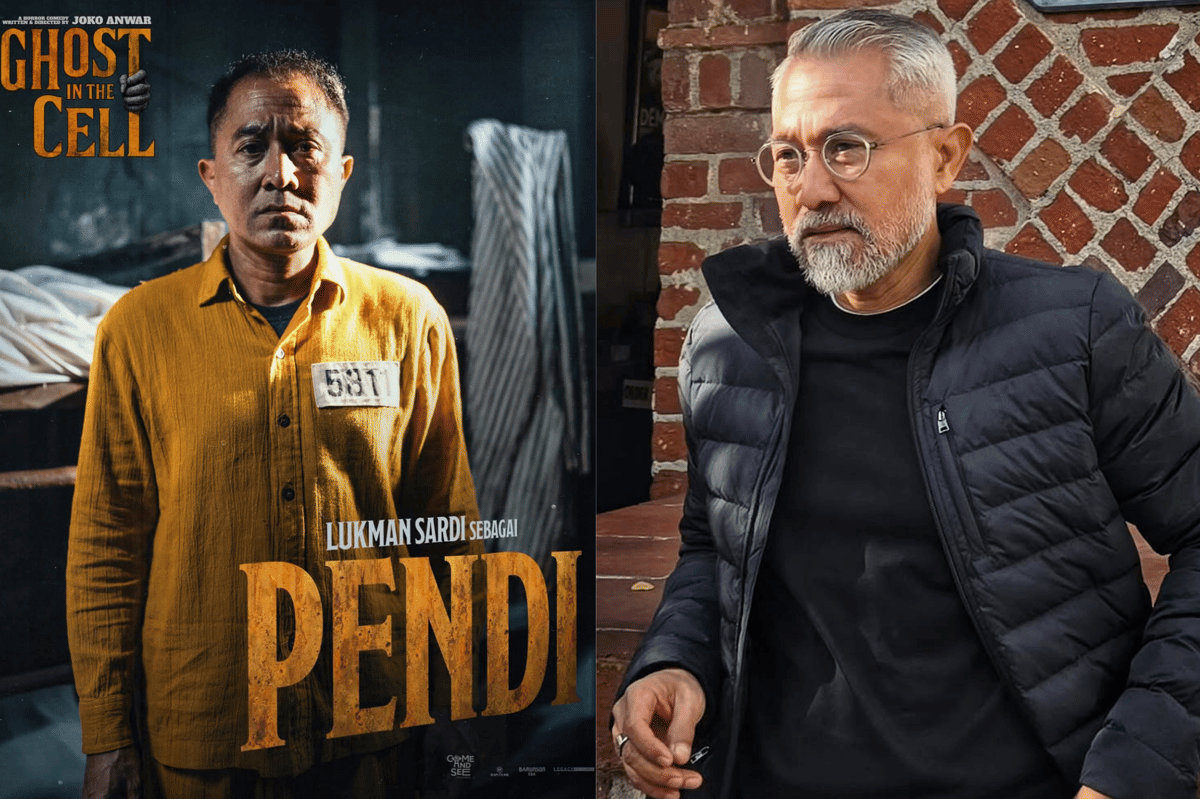 Perbandingan penampilan seorang aktor sebagai napi dalam film Ghost in the Cell mengenakan seragam oranye dan gaya kasualnya di kehidupan nyata dengan jaket hitam.