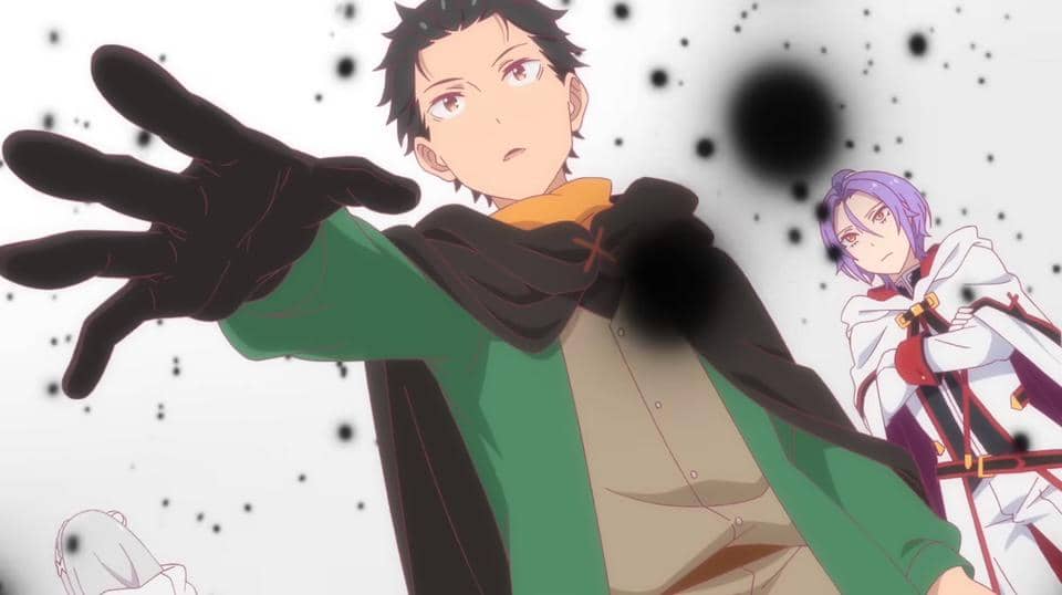 Karakter anime Re:ZERO -Starting Life in Another World Season 4 berdiri dengan ekspresi serius, dikelilingi efek sihir hitam.