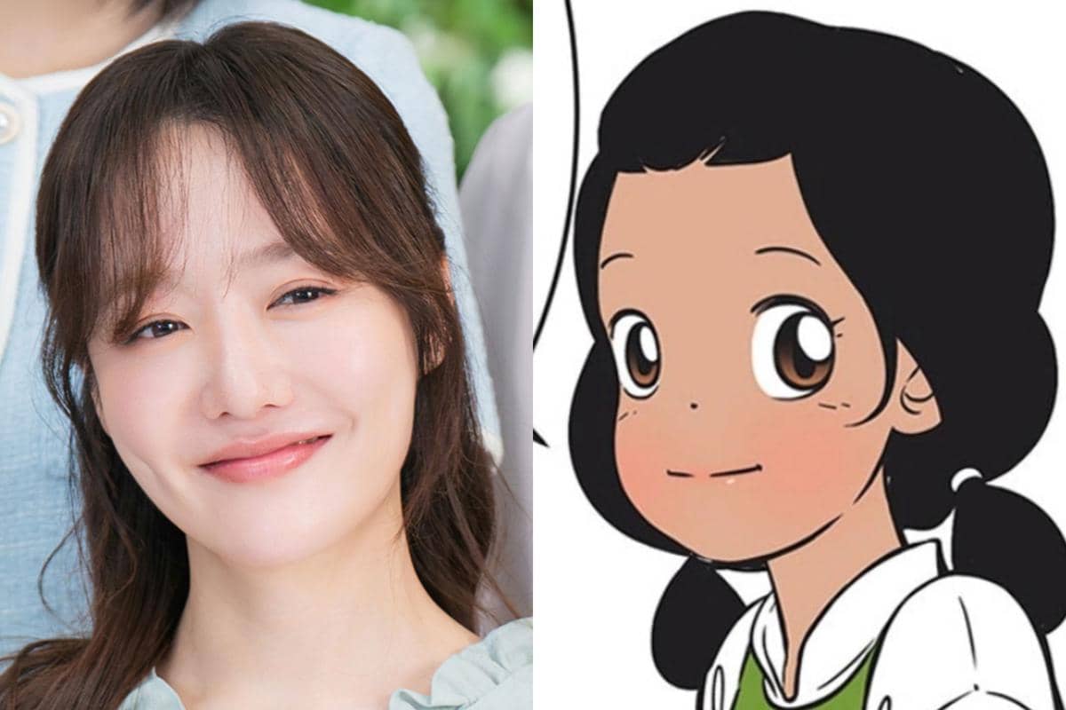 Perbandingan karakter Yumi dalam versi drama dan webtoon Yumi's Cells 3, menampilkan aktris dan ilustrasi karakter animasi.