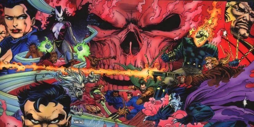 Ilustrasi komik Marvel menampilkan kelompok pahlawan supernatural Midnight Sons bertarung melawan kekuatan jahat dengan latar tengkorak merah besar.