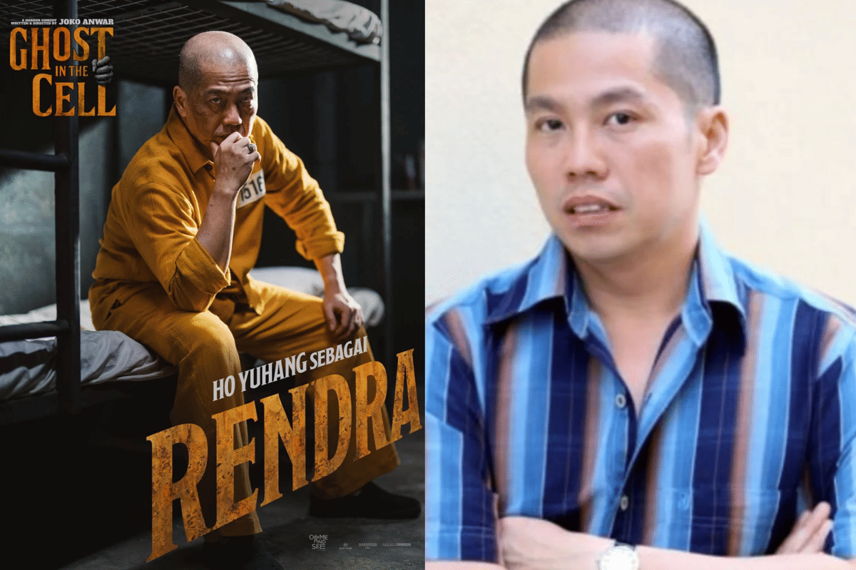 Perbandingan penampilan seorang aktor dalam film Ghost in the Cell mengenakan seragam tahanan oranye dan dalam kehidupan nyata dengan kemeja garis biru.