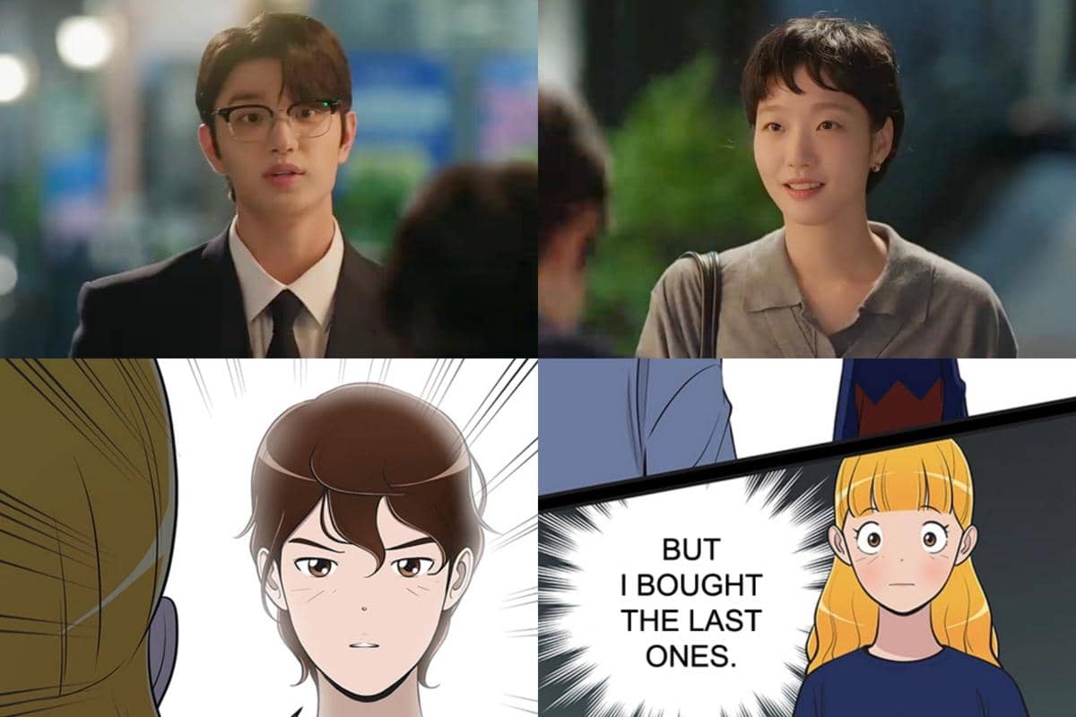 Perbandingan adegan antara versi drama dan webtoon Yumi's Cells 3 yang menampilkan karakter utama dalam dua gaya visual berbeda.