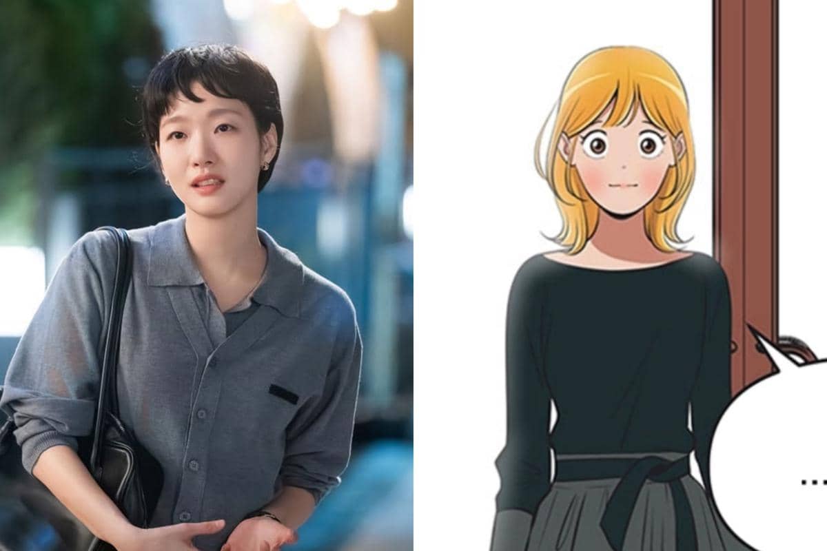 Perbandingan karakter Yumi dalam versi drama dan webtoon Yumi's Cells 3, menampilkan aktris dan ilustrasi karakter animasi.