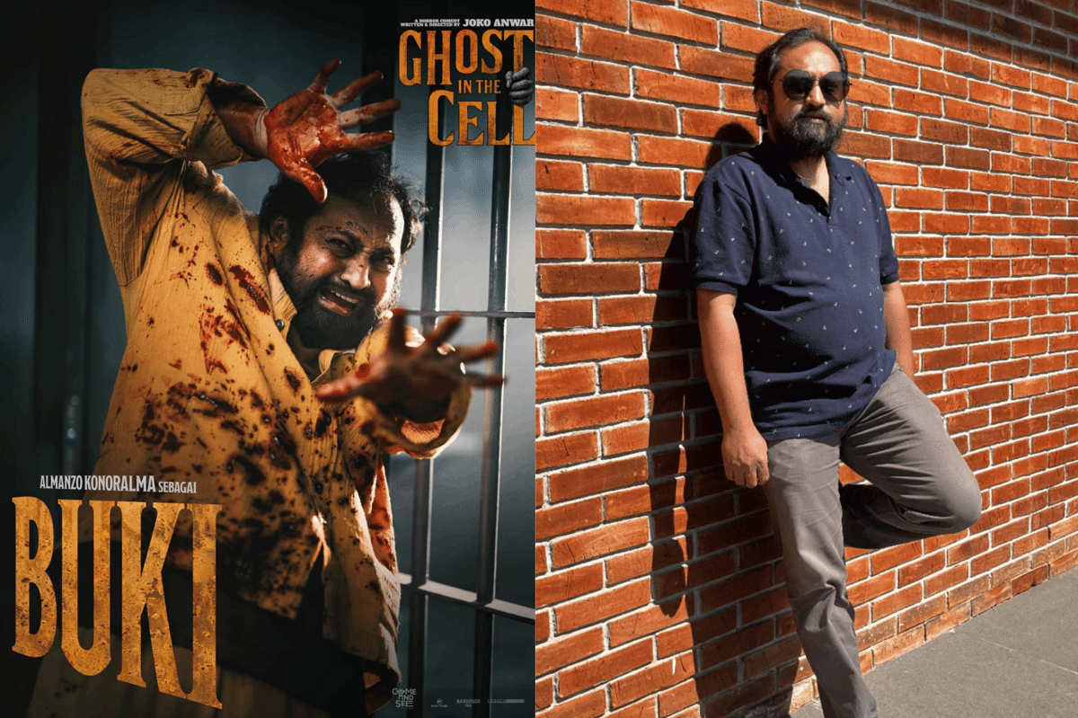 Perbandingan penampilan seorang aktor sebagai napi berdarah di film Ghost in the Cell dan gaya santainya di kehidupan nyata bersandar di dinding bata.