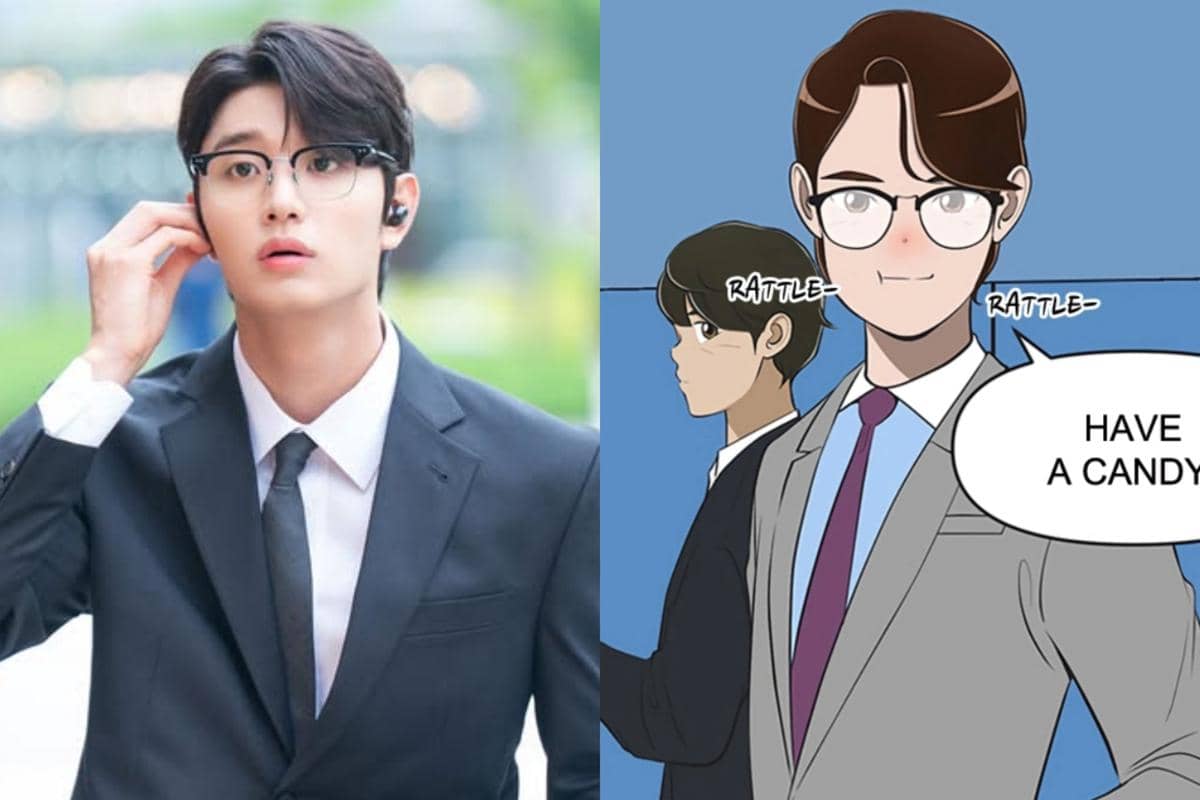 Perbandingan karakter pria berkacamata mengenakan setelan jas hitam di drama Yumi's Cells 3 dengan versi webtoon bergaya serupa.