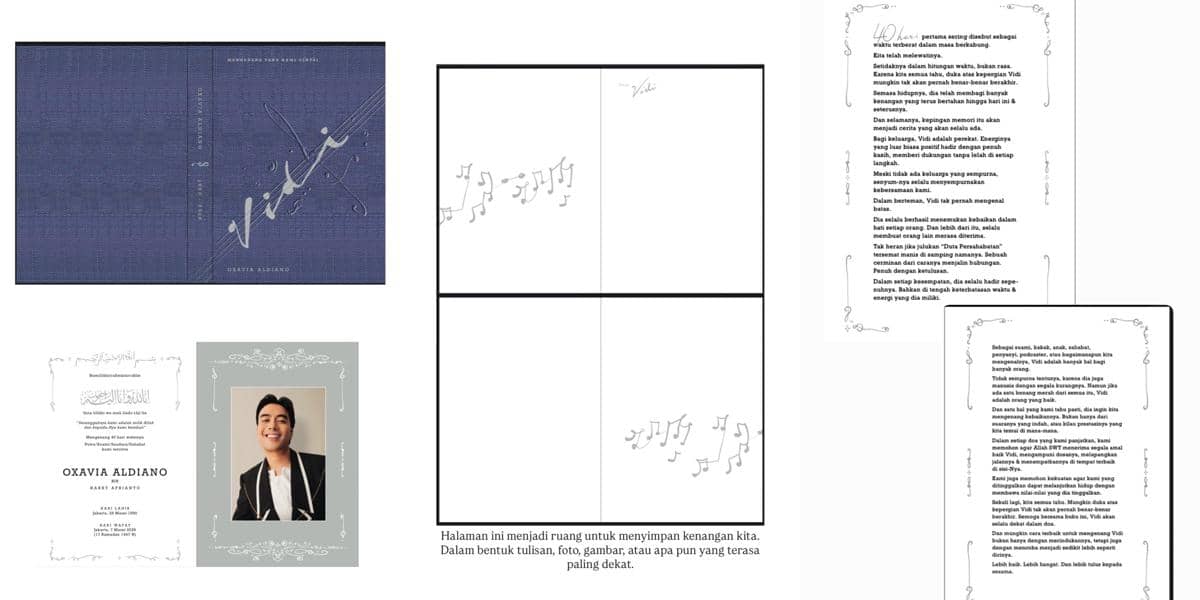 Desain buku Yasin berwarna biru dengan nama Vidi Aldiano, berisi foto mendiang dan halaman tulisan kenangan yang dibuat oleh Tara Basro.