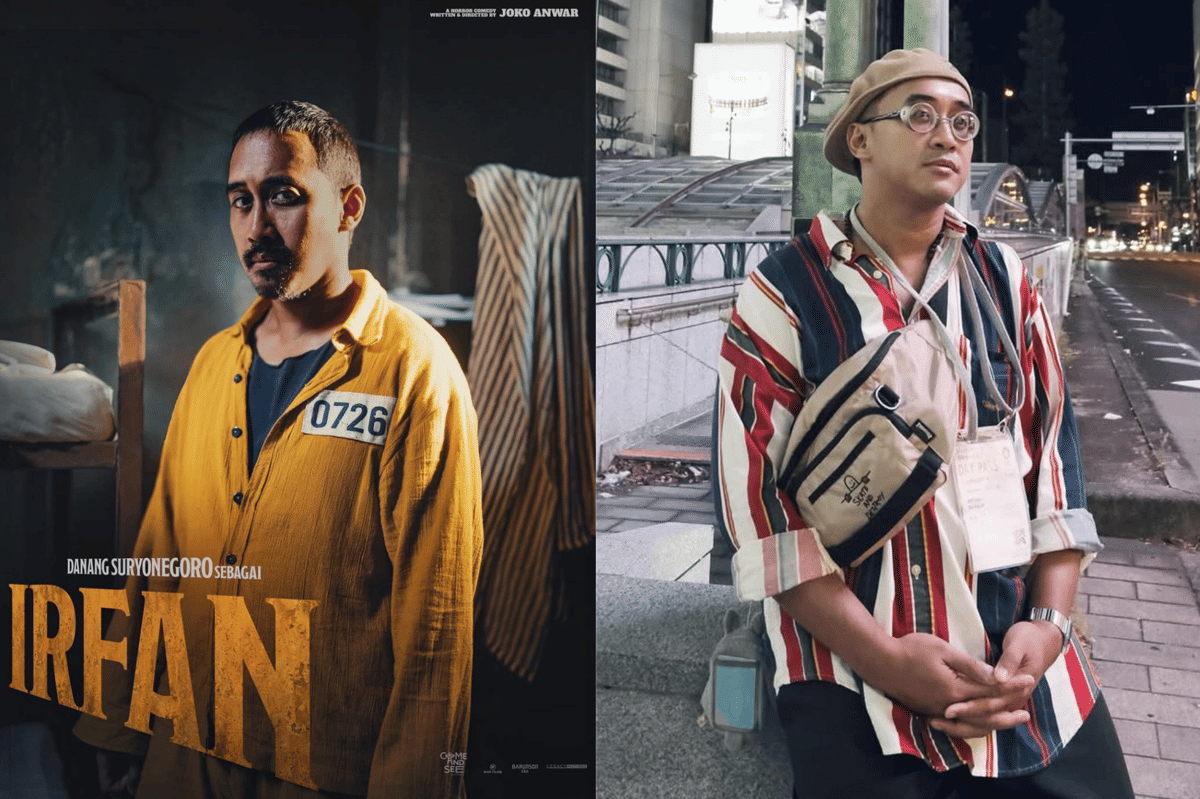 Perbandingan penampilan seorang aktor sebagai narapidana dalam film dengan penampilannya di kehidupan nyata mengenakan pakaian kasual di jalan kota.