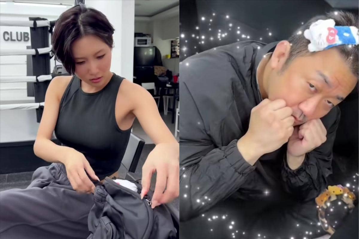 Seorang wanita berambut pendek mengenakan atasan hitam dan seorang pria berjaket hitam dengan ikat kepala lucu berpose dalam tantangan lucu.