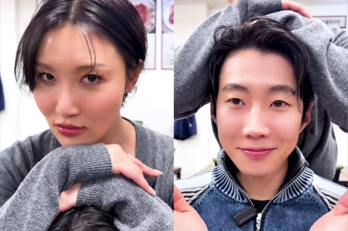 Dua orang mengenakan pakaian abu-abu berpose lucu dengan ekspresi imut dalam tantangan Cute Challenge di media sosial.