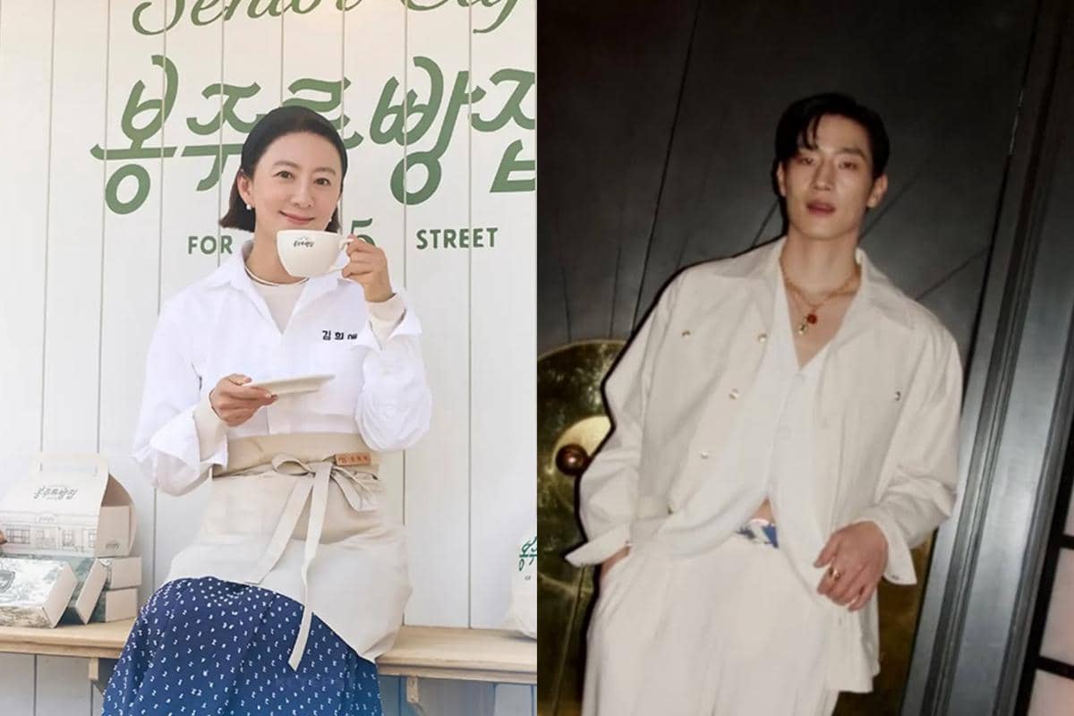 Seorang wanita mengenakan kemeja putih dan rok biru duduk sambil memegang cangkir, serta seorang pria berbusana putih berpose di dalam ruangan.