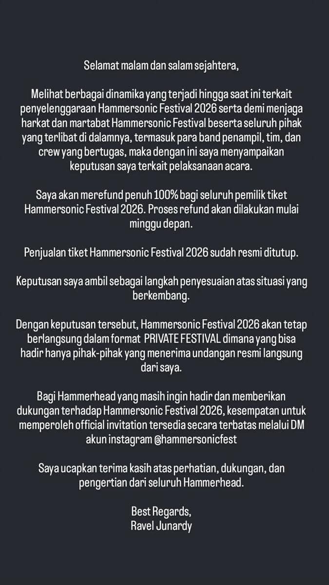 Pengumuman resmi dari Ravel Junardy mengenai perubahan format Hammersonic Festival 2026 menjadi private festival dan informasi refund tiket.