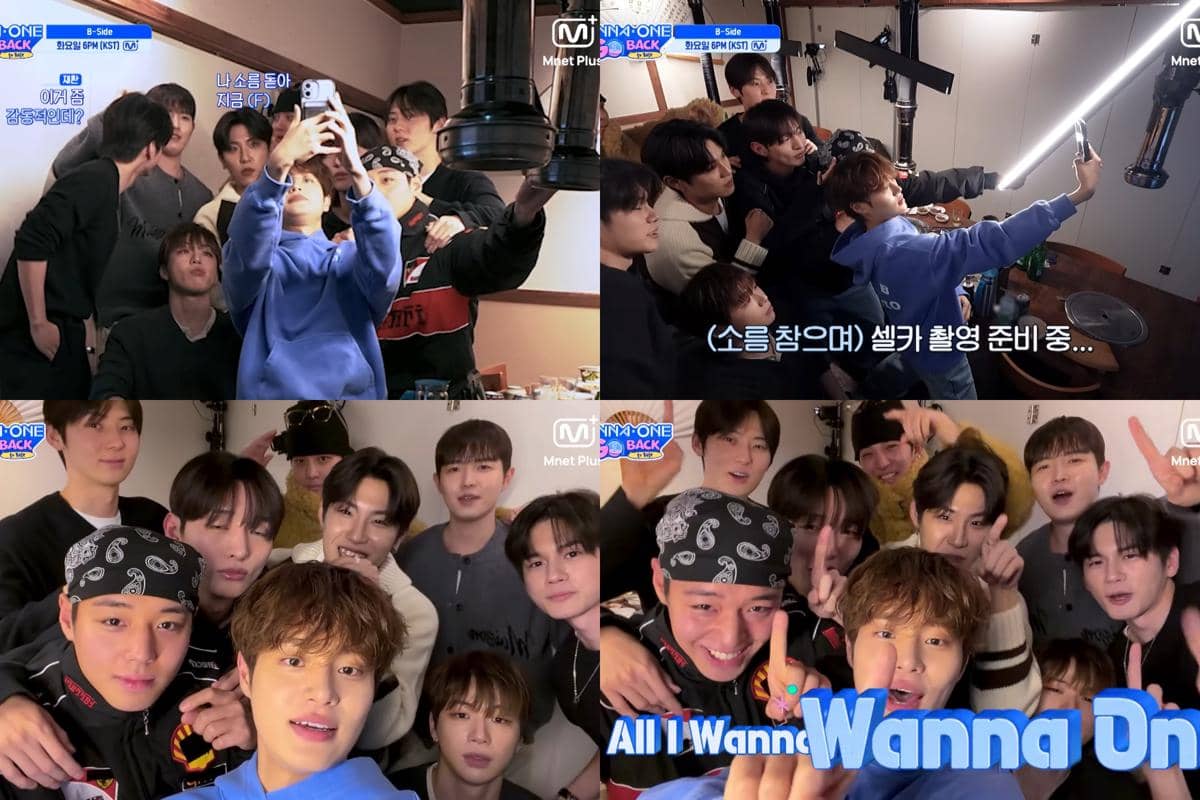 Para anggota Wanna One berkumpul di restoran sambil berfoto selfie bersama sebelum acara Wanna One Go Back to Base.
