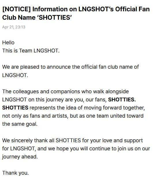 Pengumuman resmi dari Team LNGSHOT di Weverse yang memperkenalkan nama fandom mereka, SHOTTIES, sebagai sebutan bagi para penggemar.