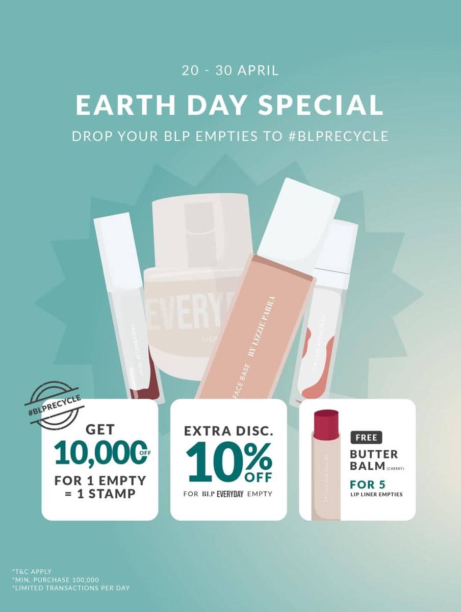 Poster promosi BLP Beauty untuk program daur ulang bertema Earth Day dengan penawaran diskon dan hadiah produk kosmetik.