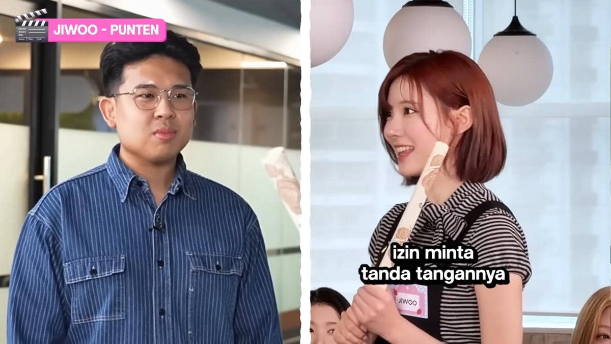 Jehian berbicara dengan Jiwoo yang memegang kertas gulung di ruangan terang dengan lampu gantung.