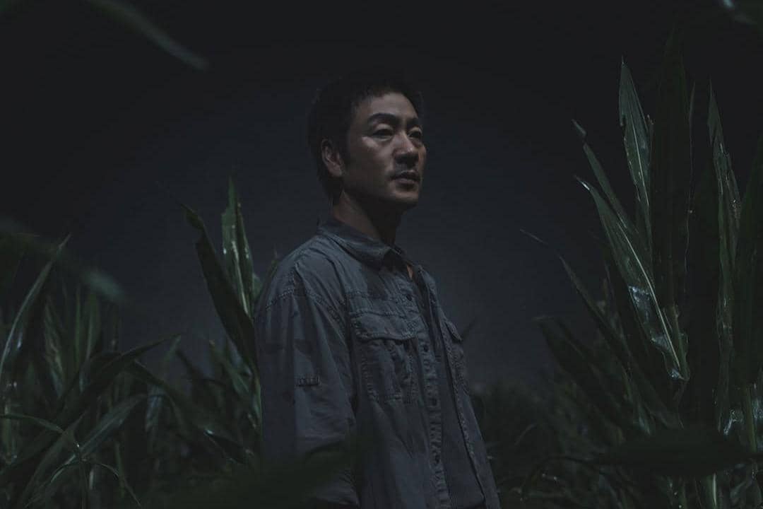 Seorang pria berdiri di tengah ladang jagung pada malam hari dengan pencahayaan redup, menciptakan suasana misterius dan tegang.