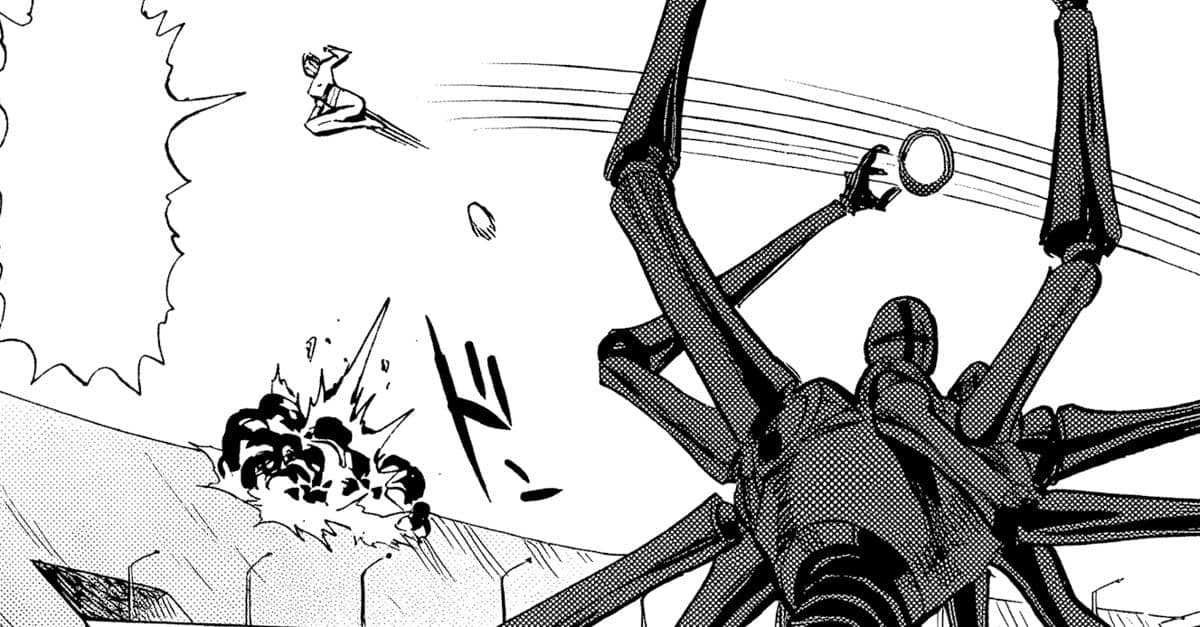 Suiko melompat menghindari serangan robot raksasa berkaki banyak saat terjadi ledakan di area pertarungan.