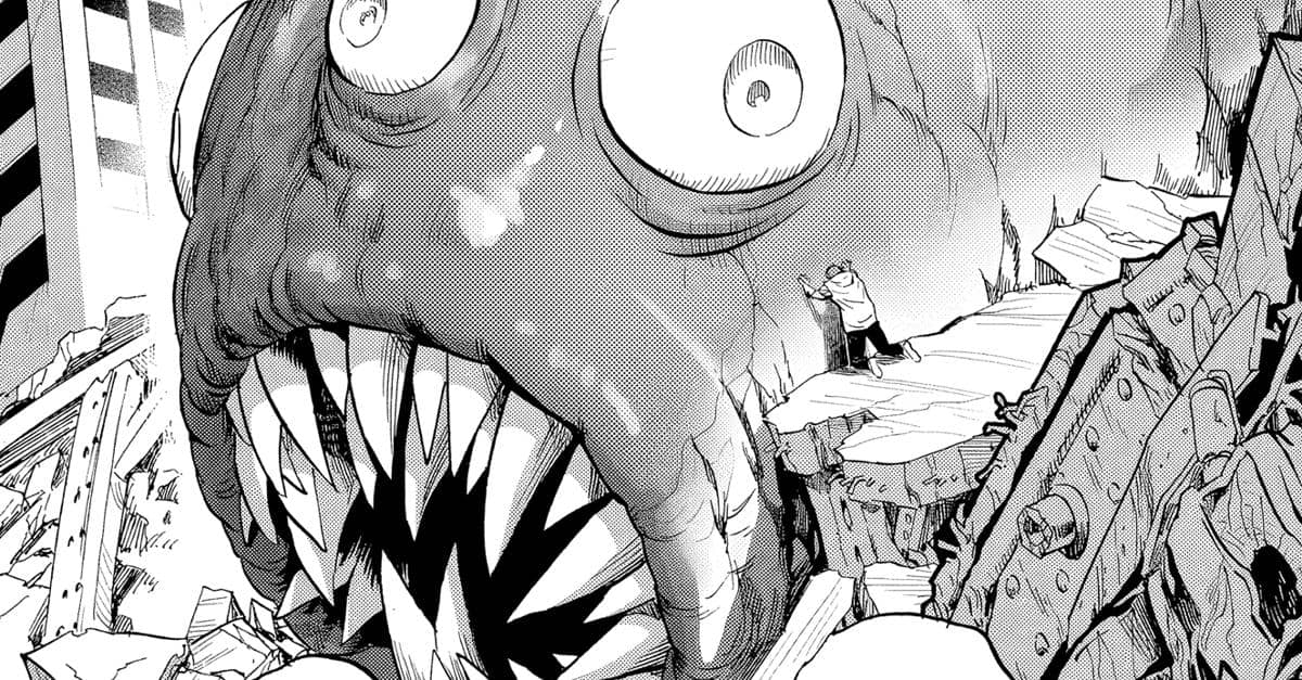 Ilustrasi pertarungan antara Blue dan monster Eel Dragon di tengah reruntuhan kota dengan detail gaya manga hitam putih.