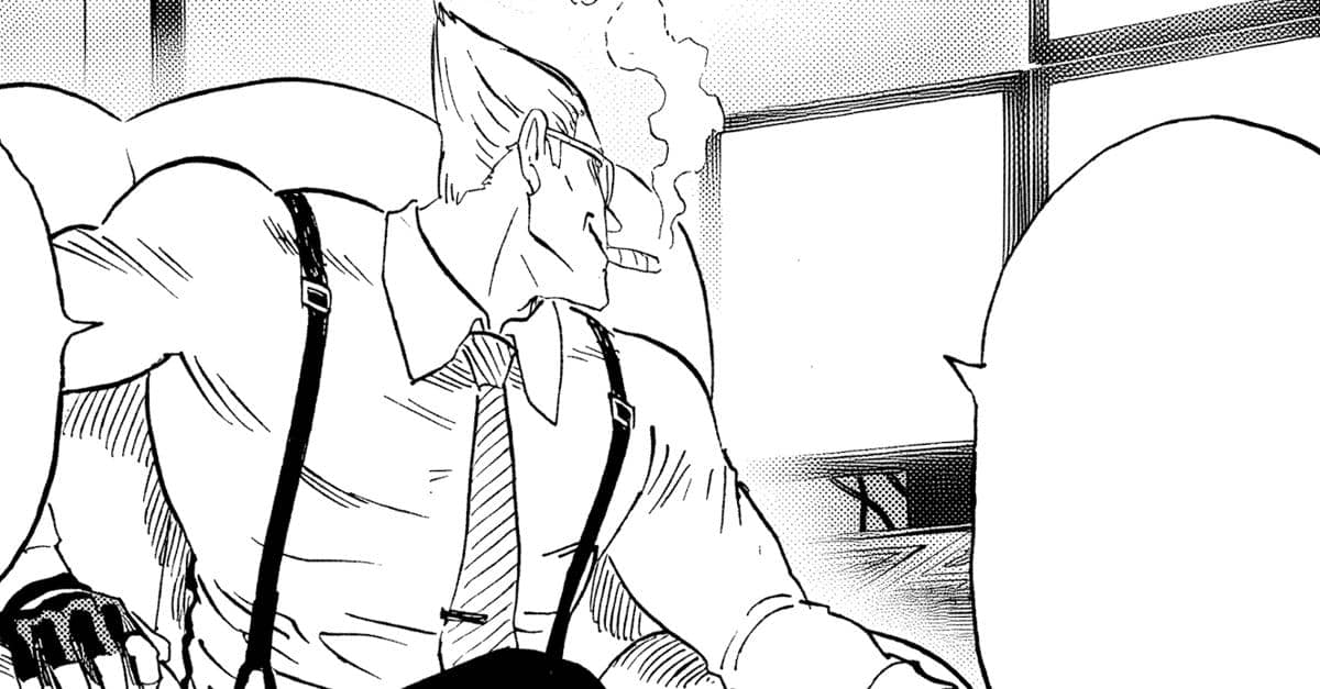 Karakter McCoy dari manga One Punch Man duduk di sofa sambil merokok dan mengenakan kemeja serta tali suspender hitam.