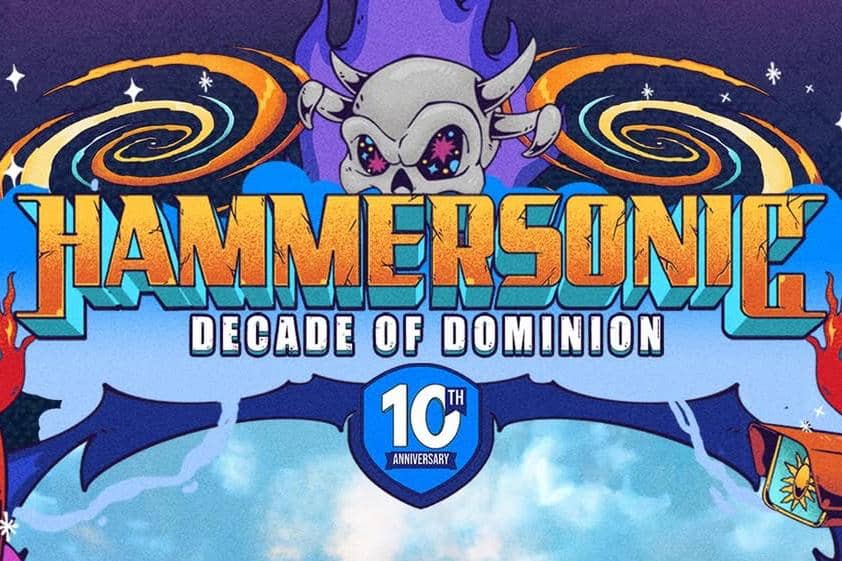 Poster Hammersonic Festival dengan tulisan 'Decade of Dominion' dan logo perayaan 10 tahun disertai ilustrasi tengkorak bergaya kartun.