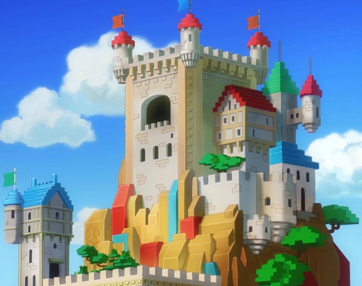 Kastil besar bergaya fantasi dengan menara berwarna merah, biru, dan hijau di atas bukit batu berwarna-warni di bawah langit cerah.