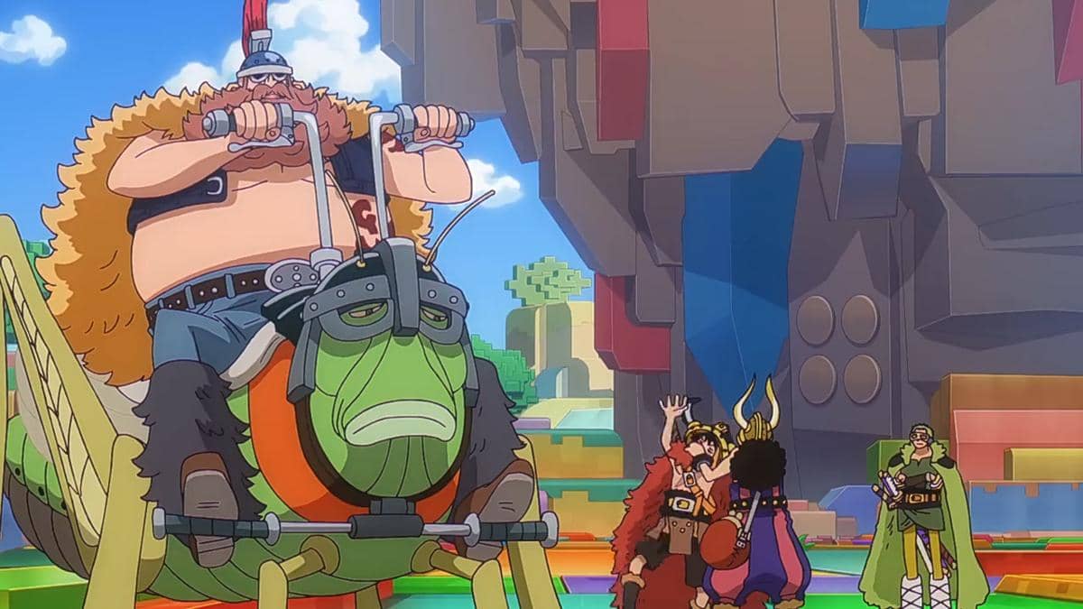 Karakter anime dari kru Topi Jerami bertemu dengan warga Land of Gods di dunia berwarna cerah dengan latar bangunan besar.