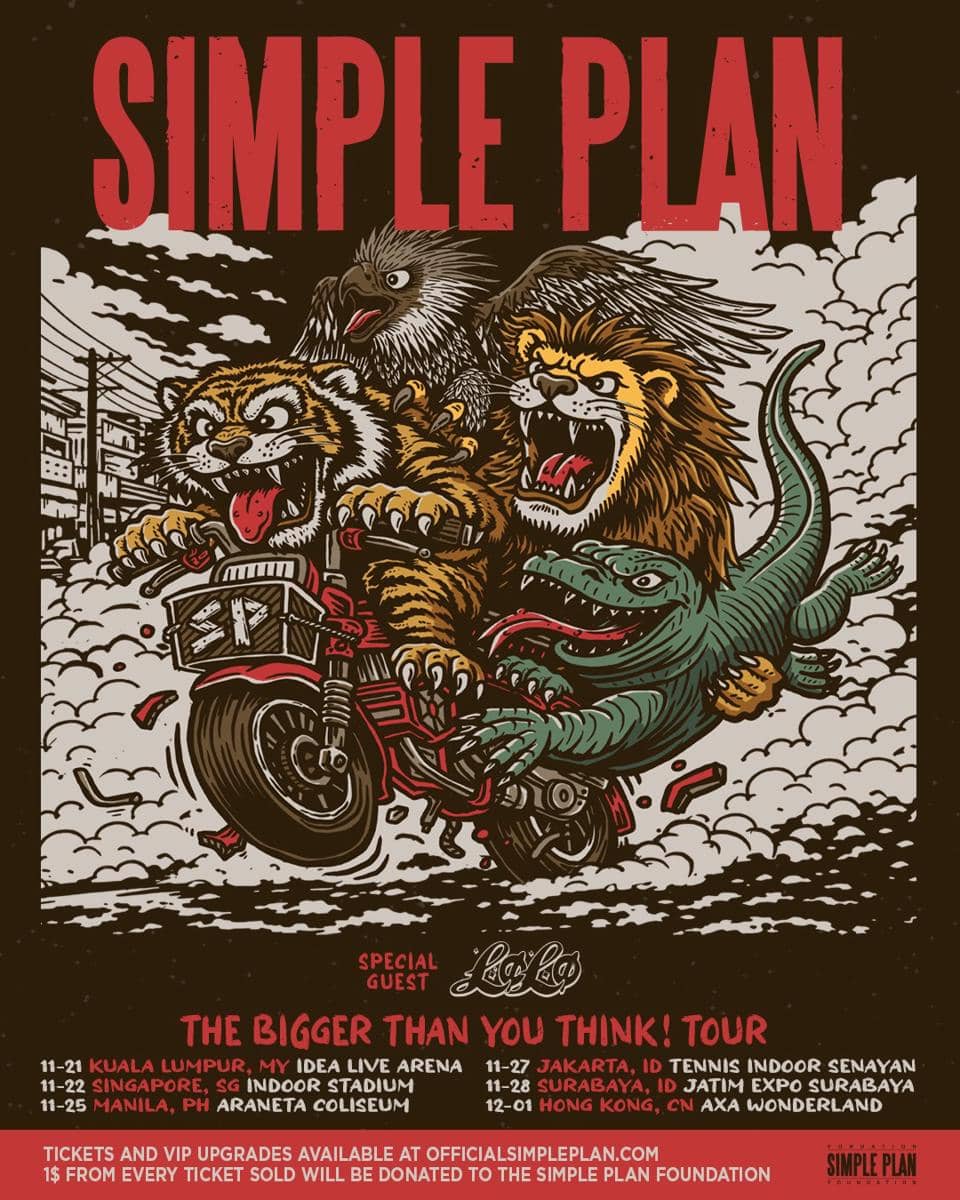 Poster tur Simple Plan bertajuk The Bigger Than You Think menampilkan ilustrasi hewan buas mengendarai motor dengan jadwal konser di Asia.