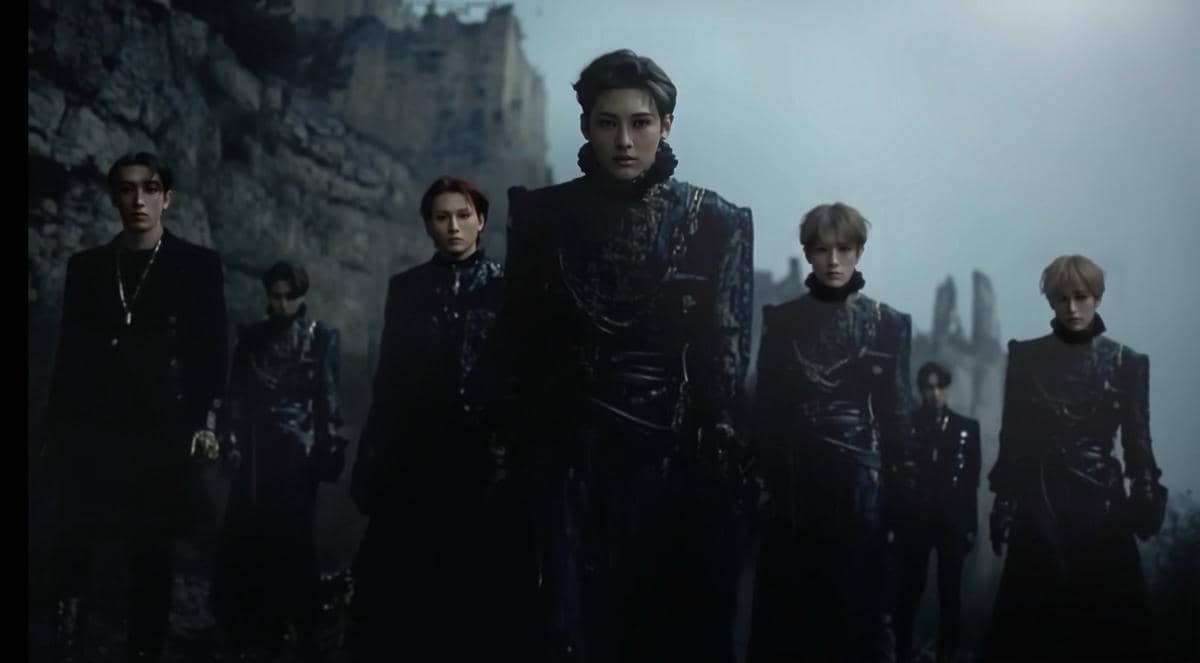 Enam anggota grup musik mengenakan pakaian hitam bergaya gotik berjalan di latar suasana gelap dengan bangunan tua di belakang mereka.