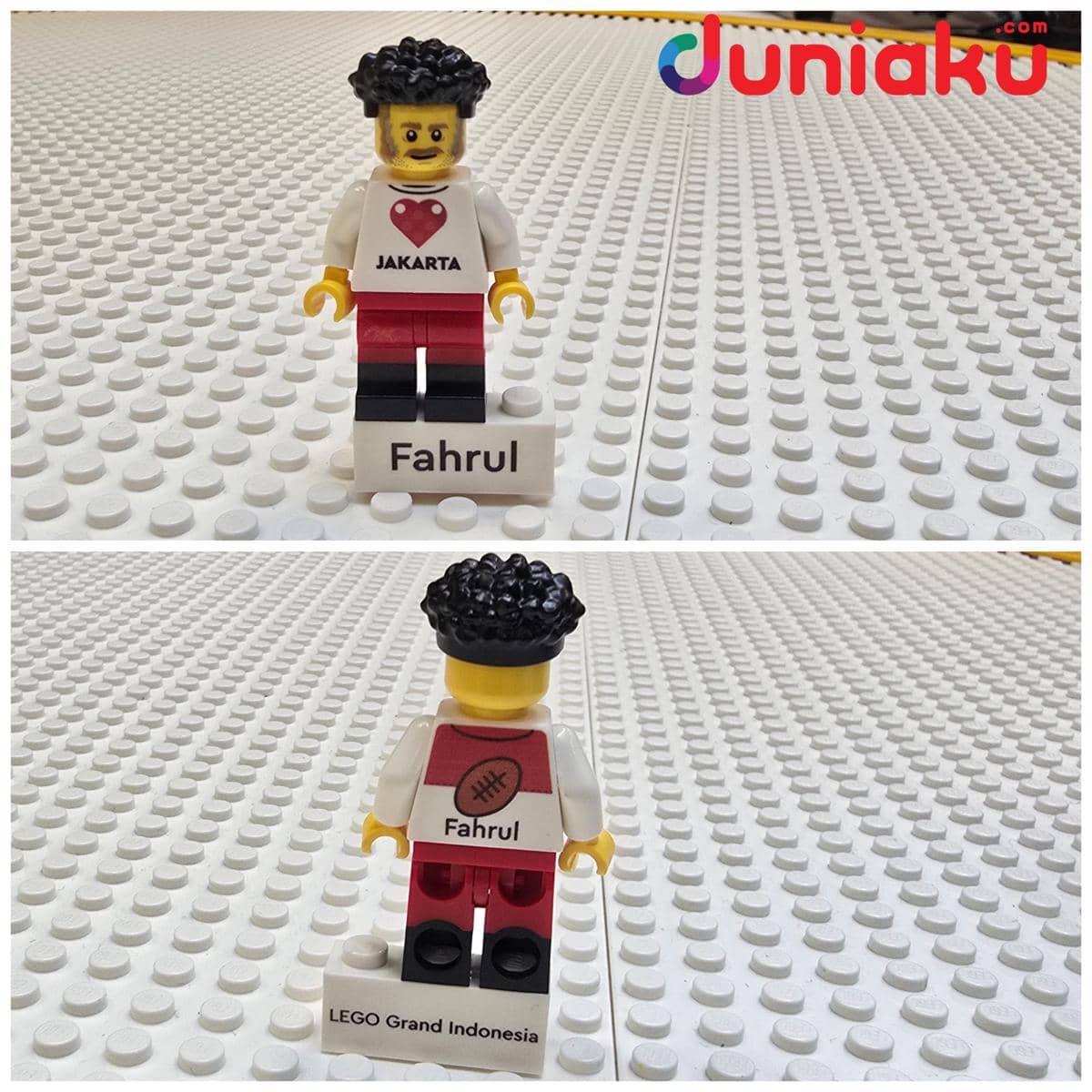 Minifigure LEGO kustom dengan tulisan Jakarta di dada dan nama Fahrul di alas, dibuat di LEGO Certified Store Grand Indonesia.