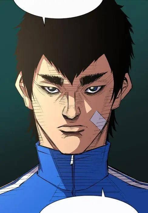 Karakter pria berambut hitam dengan wajah serius mengenakan jaket biru dalam adegan dari webtoon Hanlim Gym.