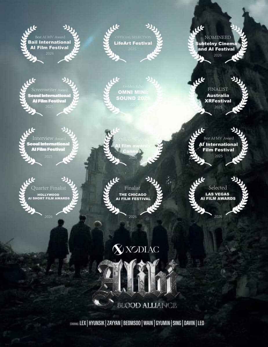 Poster video musik AI berjudul Alibi: Moonlight Blood Alliance menampilkan siluet sekelompok orang di reruntuhan bangunan dengan daftar penghargaan festival film internasional.