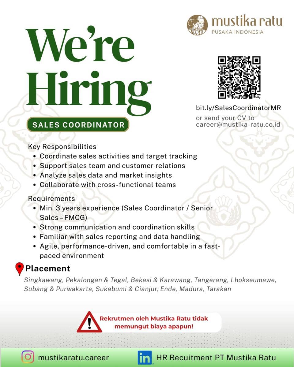  Lowongan Kerja Mustika Ratu April 2026, Dibuka Banyak Posisi! 