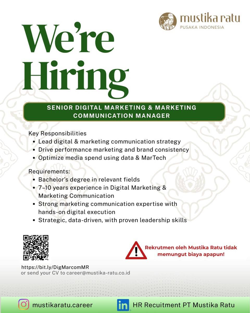  Lowongan Kerja Mustika Ratu April 2026, Dibuka Banyak Posisi! 