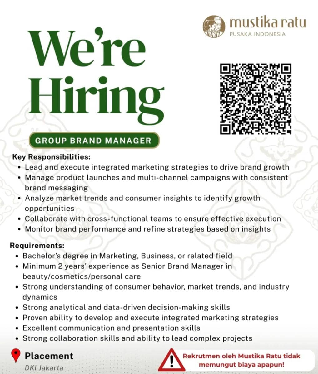  Lowongan Kerja Mustika Ratu April 2026, Dibuka Banyak Posisi! 